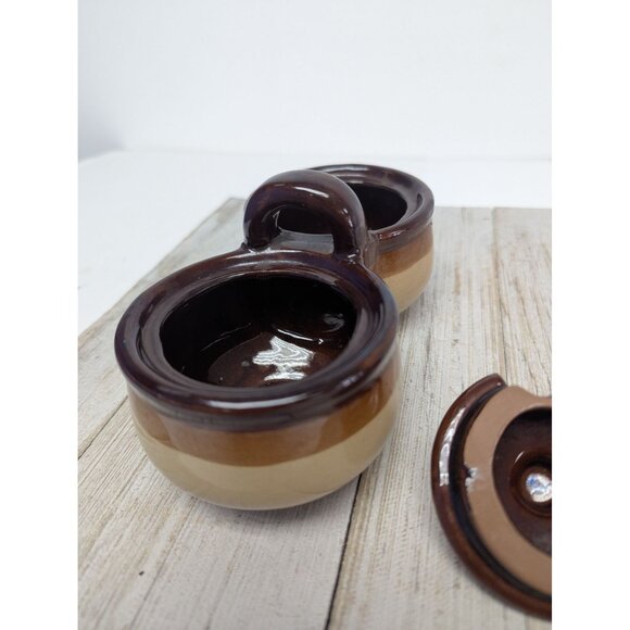 Vintage Dark Brown Glazed Stoneware Double Condiment Pot With Lids Spoons Taiwan - Picture 8 of 12